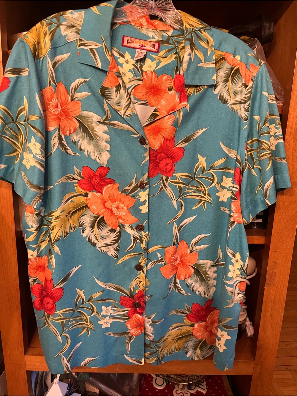 Caribbean Joe Teal Hawaiian Shirt with Orange & Red Floral Print 1X
